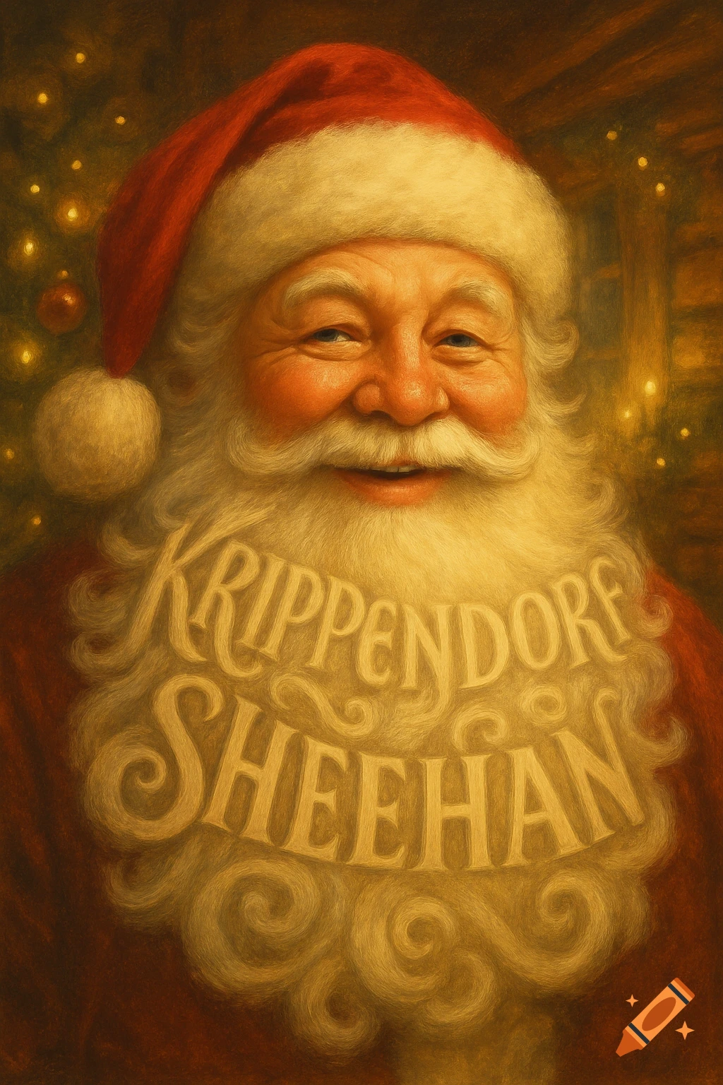 A close-up, painterly portrait of Santa Claus smiling, with 'Krippendorf' and 'Sheehan' subtly woven into his white beard.