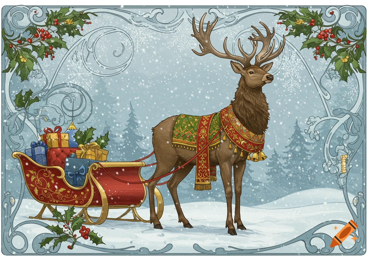 Art Nouveau illustration of a reindeer pulling a sleigh with gifts in a snowy winter scene, framed by holly and snowflakes.