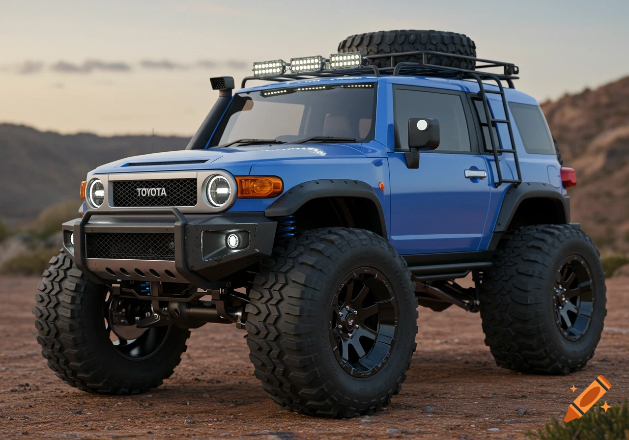 A blue, modified Toyota FJ Cruiser-style off-road jeep with large tires, bull-bar, roof rack, and ladder, parked on a dirt road in a desert landscape.