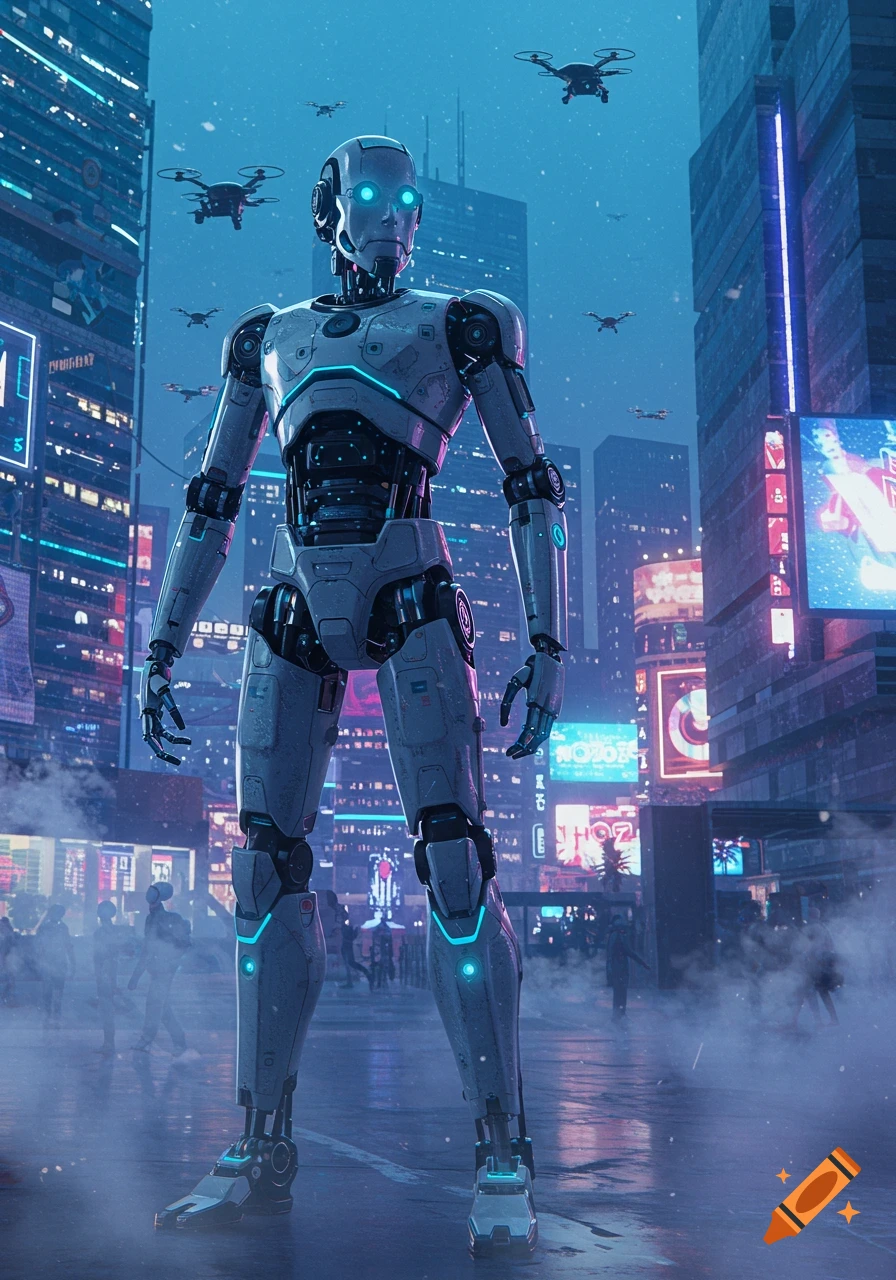 A large robot with glowing blue eyes stands in a futuristic, neon-lit city at night, with drones flying overhead.