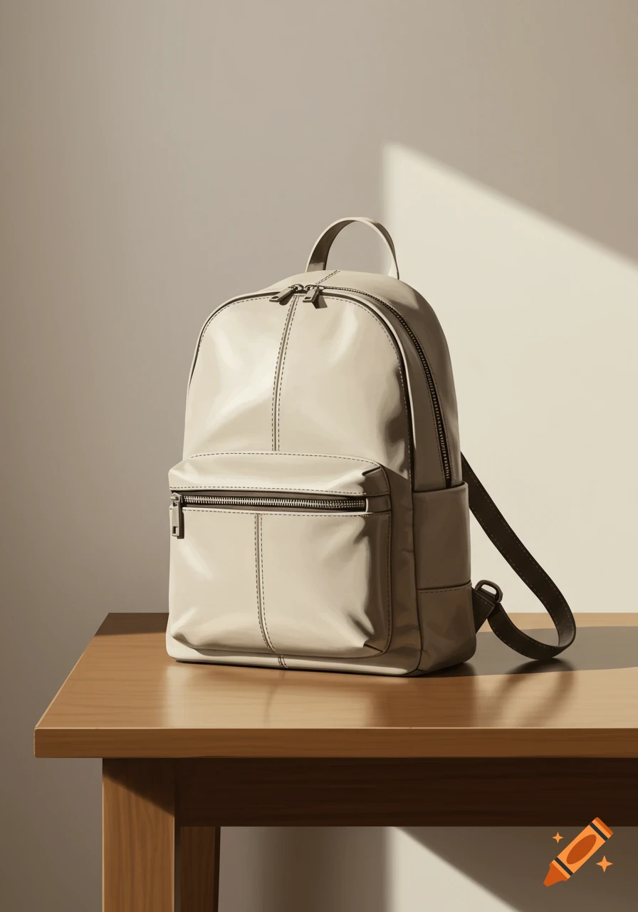 A beige leather backpack with black zippers sits on a wooden table, illuminated by warm sunlight from the side.