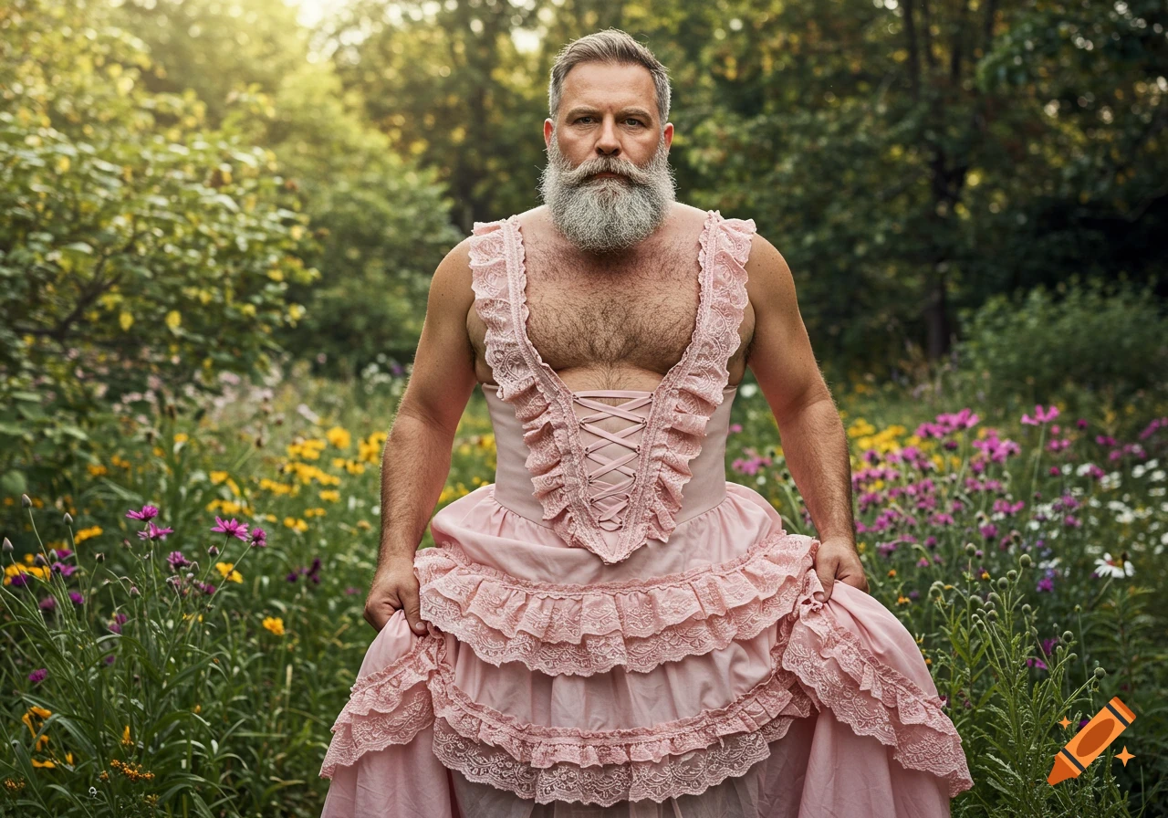 A middle-aged man with a gray beard and hairy chest stands in a flowery garden wearing a pink frilly dress, looking directly at the viewer.