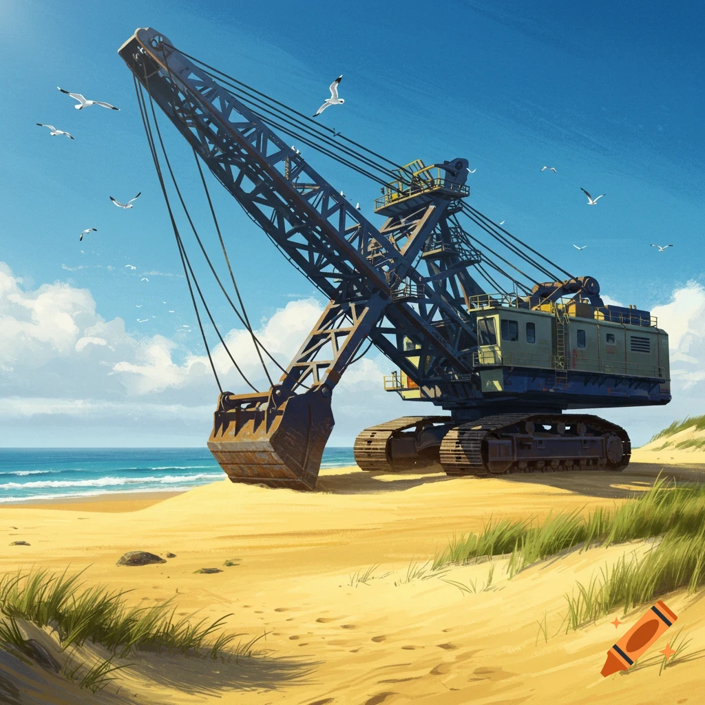 A large dragline excavator sits on a sandy beach next to the ocean under a blue sky with seagulls flying.