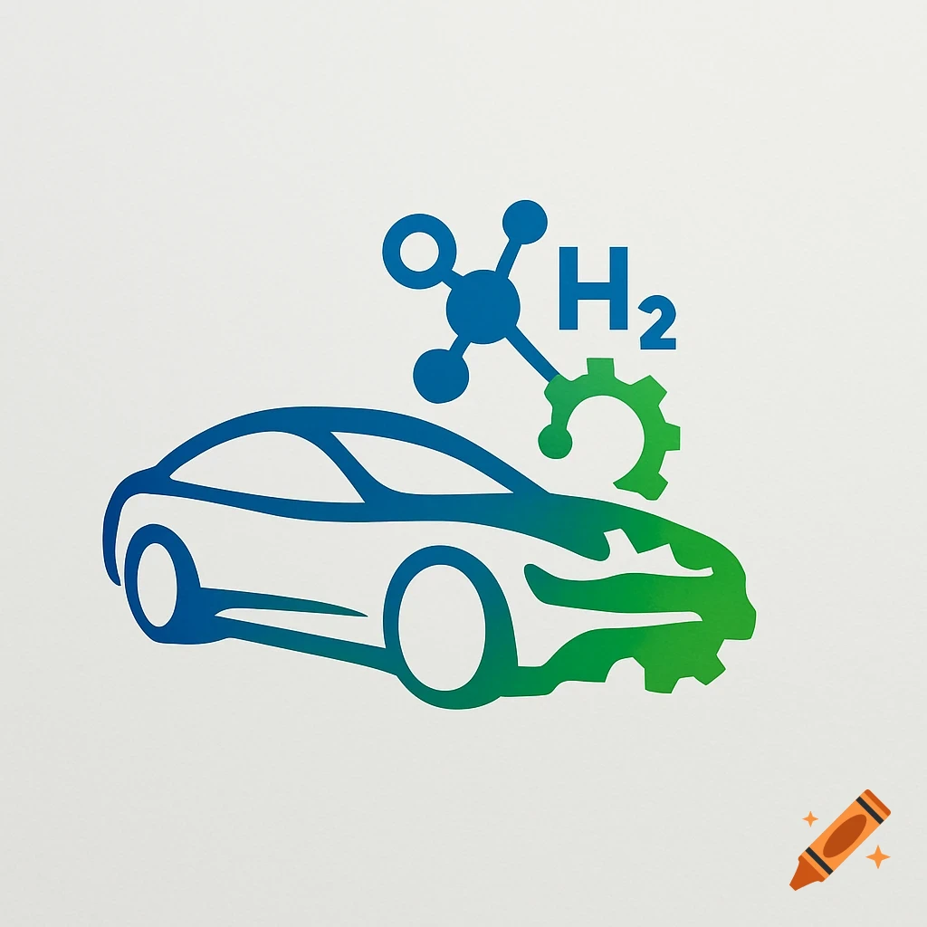 Minimalist logo of a blue-green car with a chemical molecule, 'H2', and a gear.