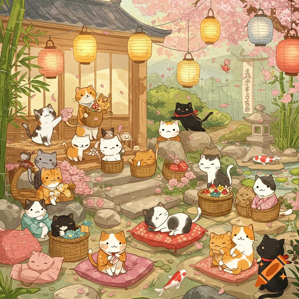 Many cartoon cats relaxing in a serene Japanese garden with cherry blossoms, lanterns, a pond, and a traditional house.