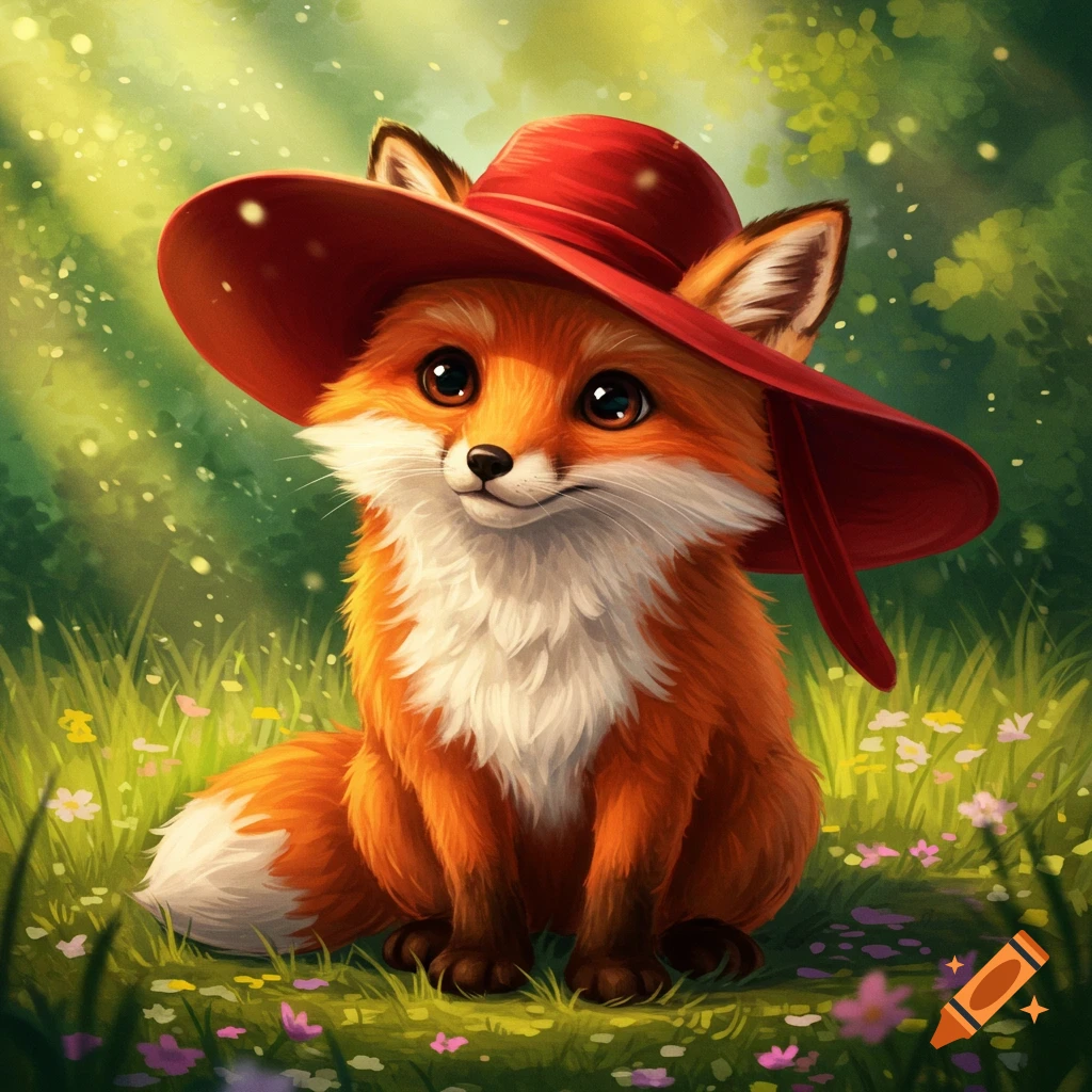 A cute, stylized fox wearing a red hat sits in a grassy, sunlit forest with flowers.