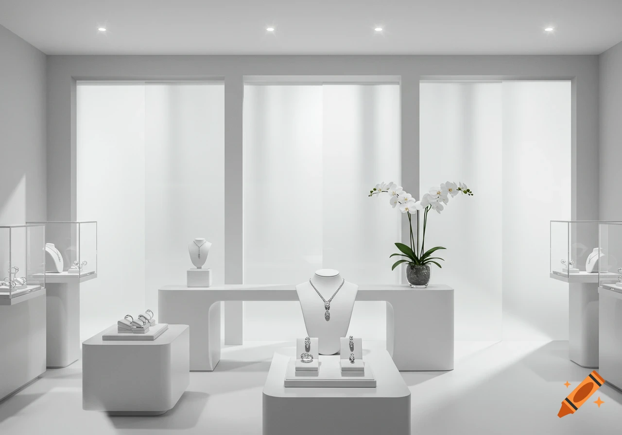 Photorealistic image of a minimalist, all-white jewelry store display with necklaces, rings, and an orchid plant.