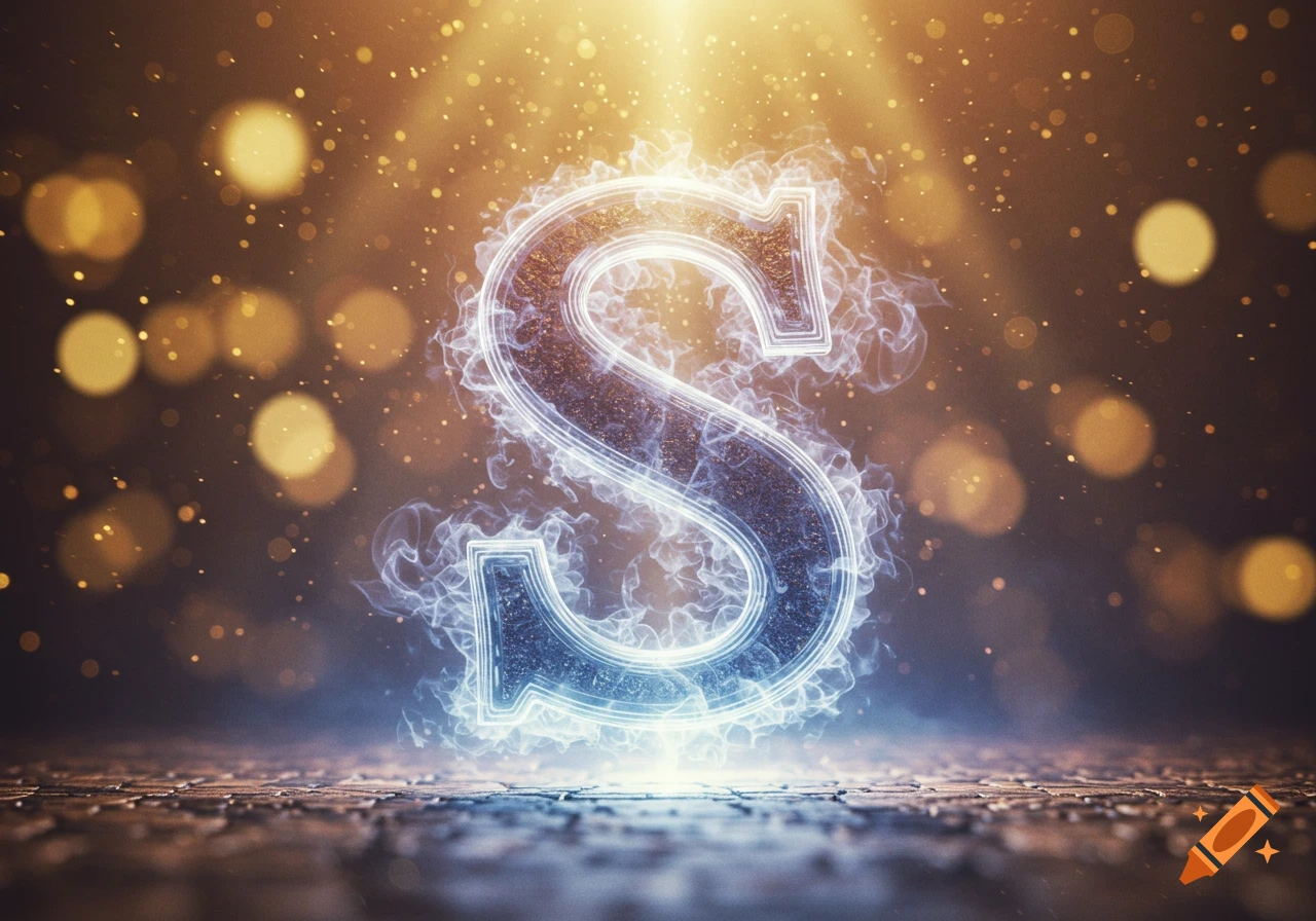 A glowing, smoky letter S stands on a reflective surface with golden particles and light rays in the background.