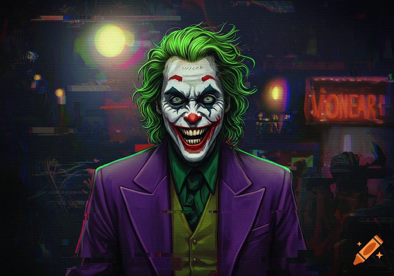 The Joker with green hair and a wide grin, wearing a purple suit, against a dark, glitchy, retro VHS-style background with neon lights.