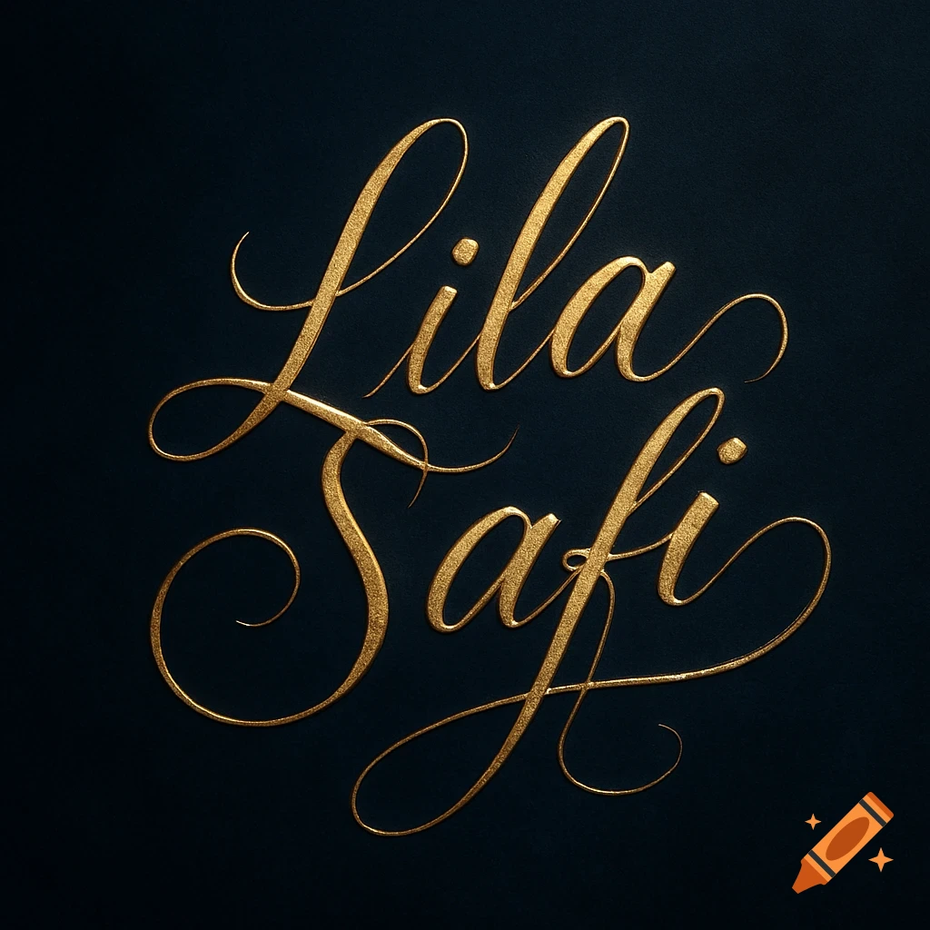 Golden script spelling 'Lila Safi' embossed on a dark background, elegant and glittery.