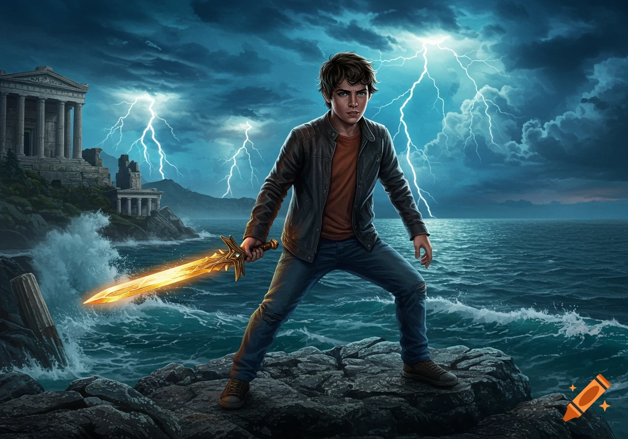 Percy Jackson Holding Zeus' Thunderbolt created on Craiyon, image size:1280x896