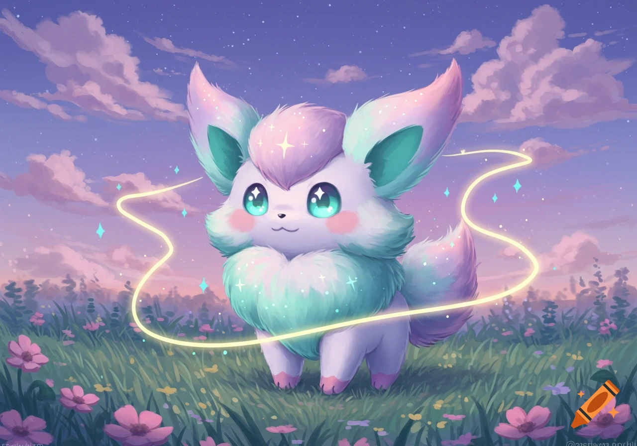 A cute, fluffy, pastel-colored fantasy creature with large ears and glowing eyes stands in a wildflower field under a starry night sky.