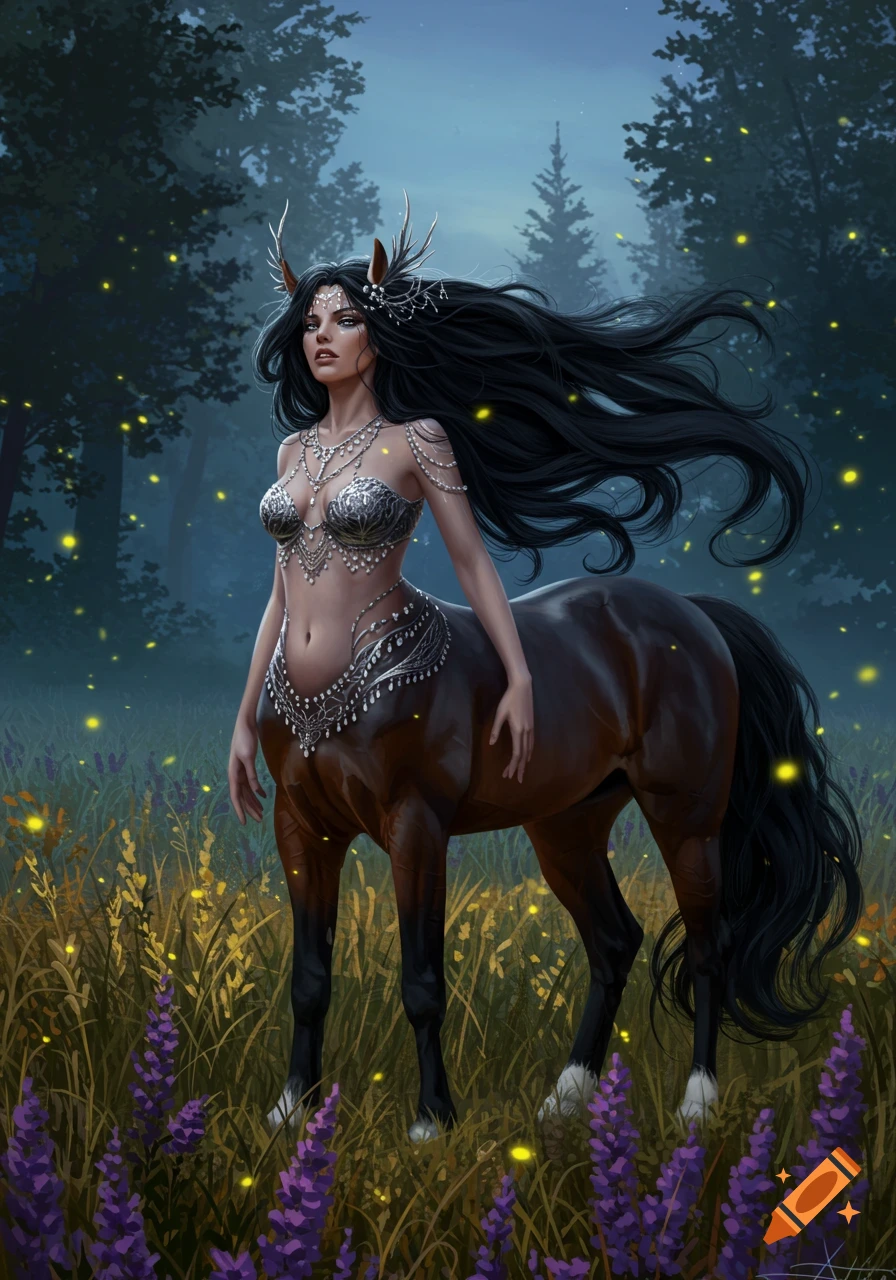 A dark-haired centaur woman with antlers and ornate silver armor stands in a glowing magical forest with purple flowers.
