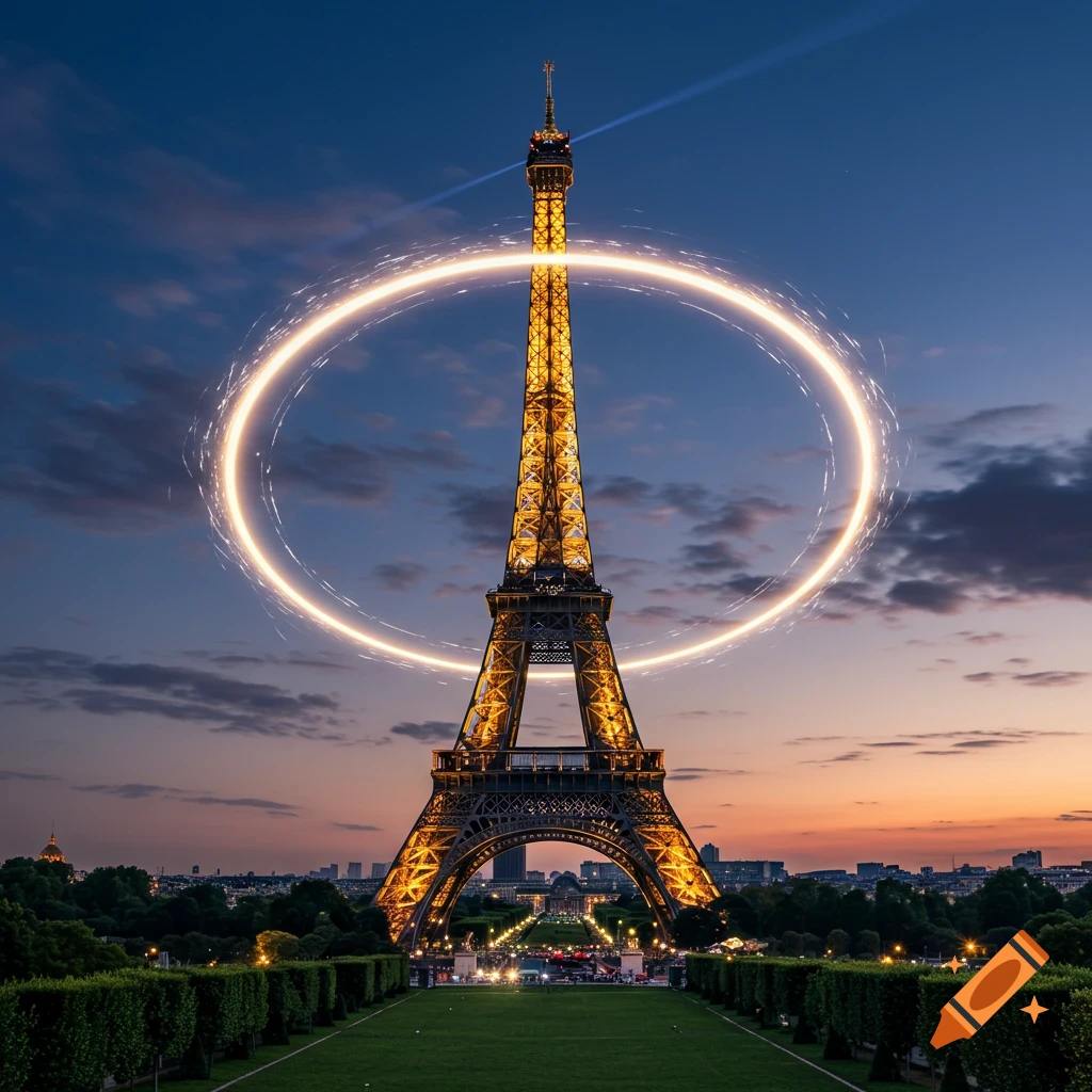 A photorealistic image of the illuminated Eiffel Tower at dusk, surrounded by a glowing circular light effect.