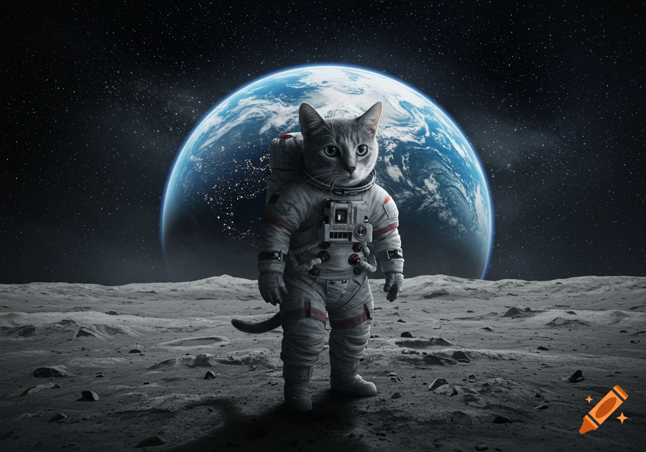 A grey cat in a detailed white astronaut suit stands on the moon's surface with Earth visible in the starry background.