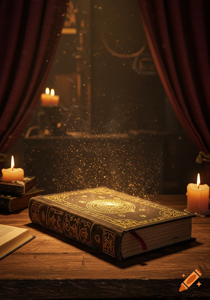 An old, mystical book with glowing golden symbols sits on a wooden table, surrounded by lit candles, with sparkling particles rising from it in a dim, atmospheric room.