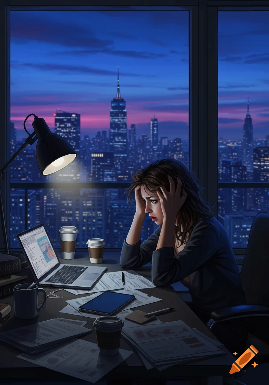 An illustration of a stressed woman working late at a desk in a high-rise office overlooking a city at night.