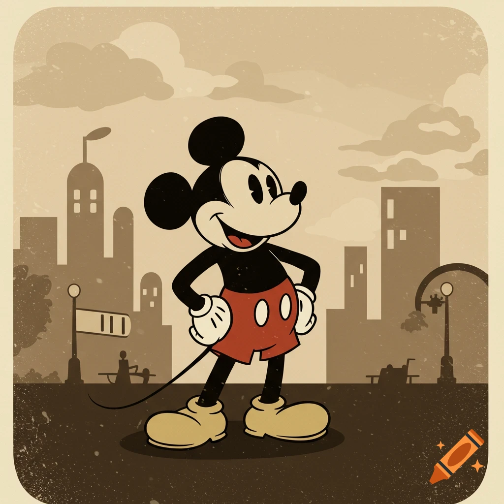 Mickey Mouse stands smiling with hands on hips in a 1930s style sepia city scene.
