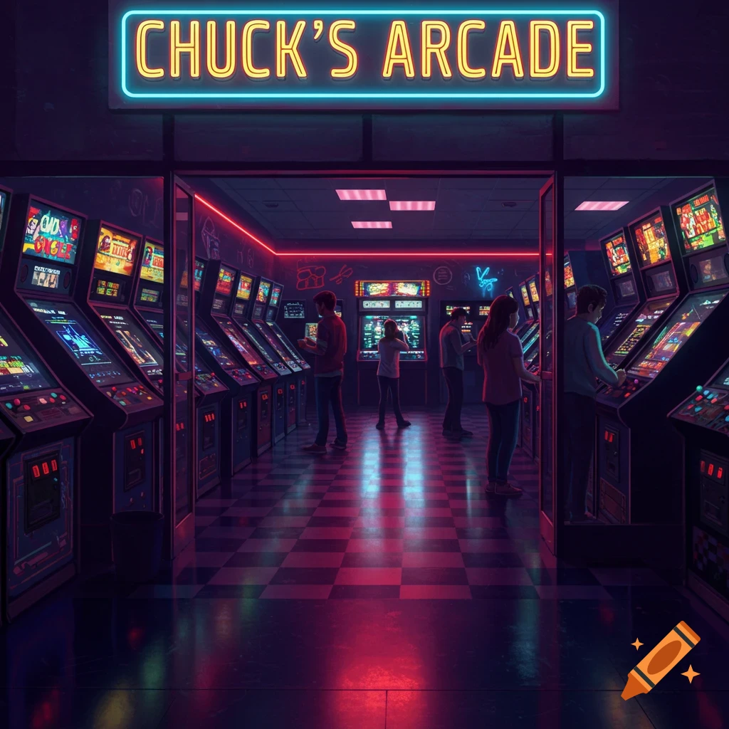 A neon-lit retro arcade with a sign reading 'CHUCK'S ARCADE', featuring several people playing brightly glowing game machines.