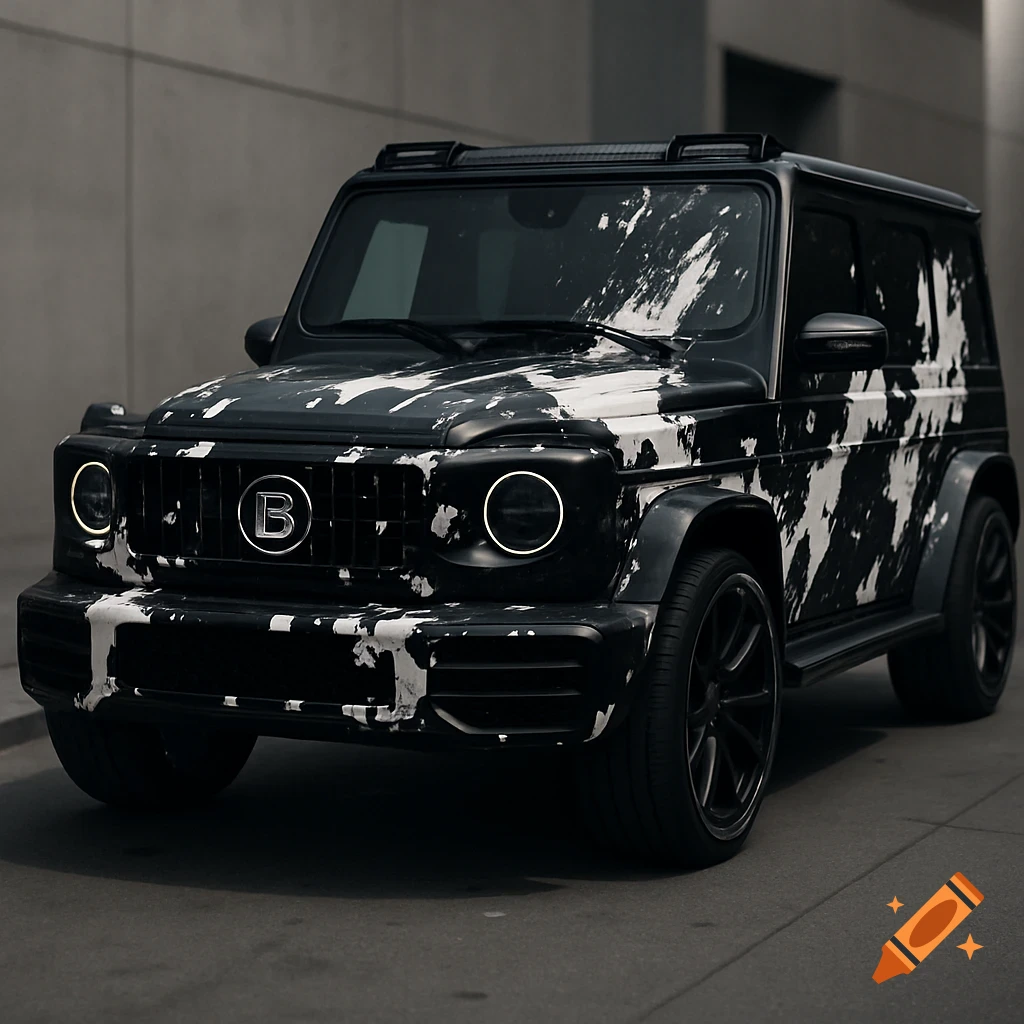 Matte black Mercedes G-Class SUV with white paint splatters and a 'B' emblem on the grille, parked on an urban street.