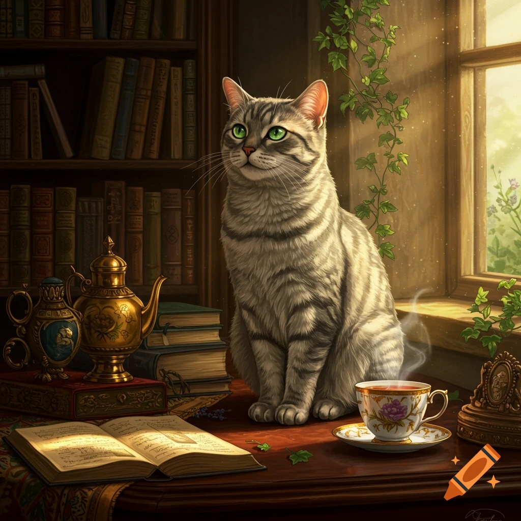 A gray tabby cat with green eyes sits on a wooden table with an open book, a steaming teacup, and a golden teapot. A bookshelf and sunlit window are in the background.