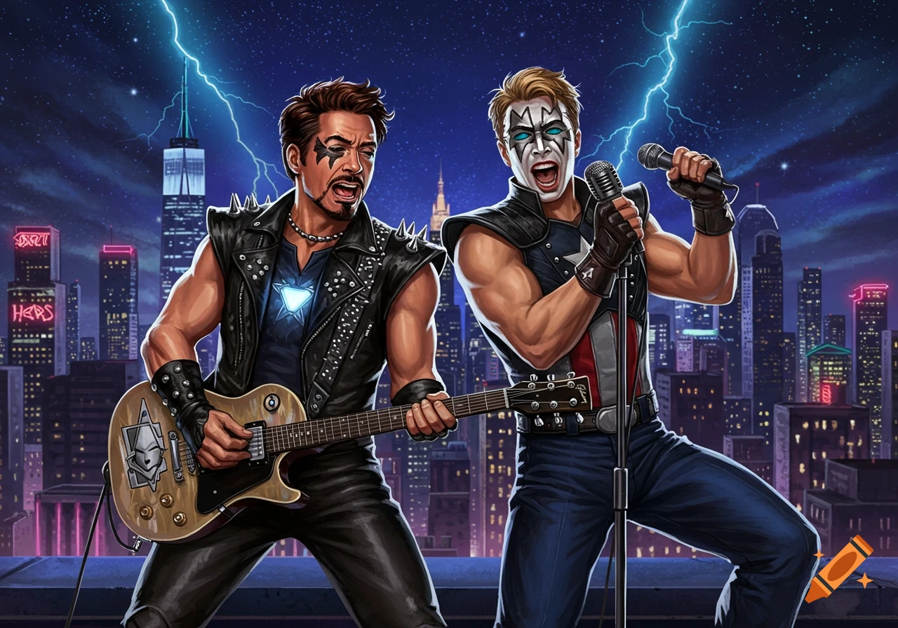Iron Man and Captain America in Kiss-style rock band attire perform on a city rooftop with lightning, Iron Man playing guitar, Captain America singing.
