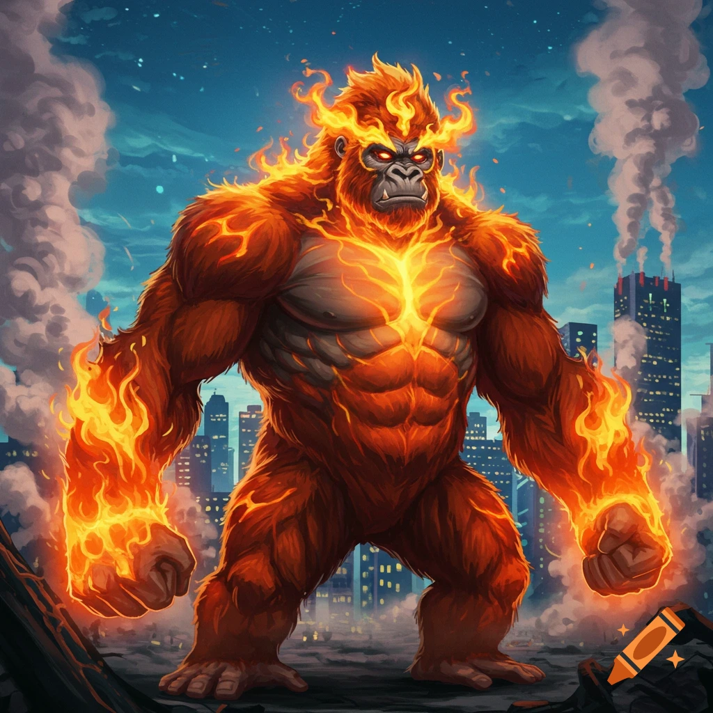 A gigantic fiery red gorilla stands in a smoking, destroyed city under a dark blue sky, flames emanating from its body.