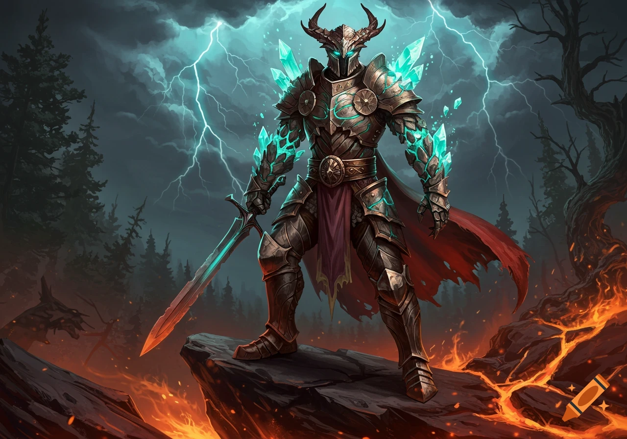 A horned knight in glowing crystal armor with a sword stands on a rock over a fiery landscape under a lightning storm.