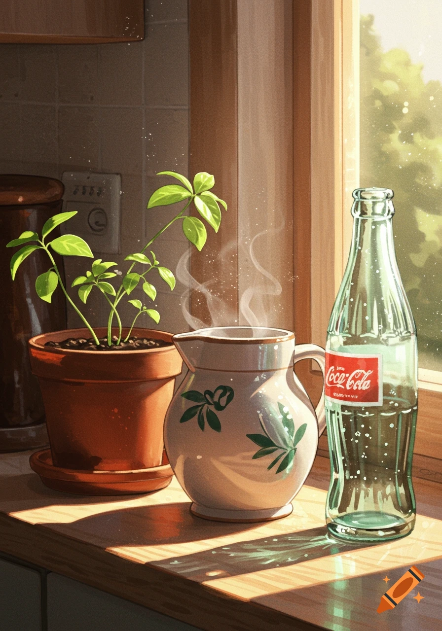 A potted plant, a steaming jug, and a Coca-Cola bottle on a sunlit windowsill in a painterly style.