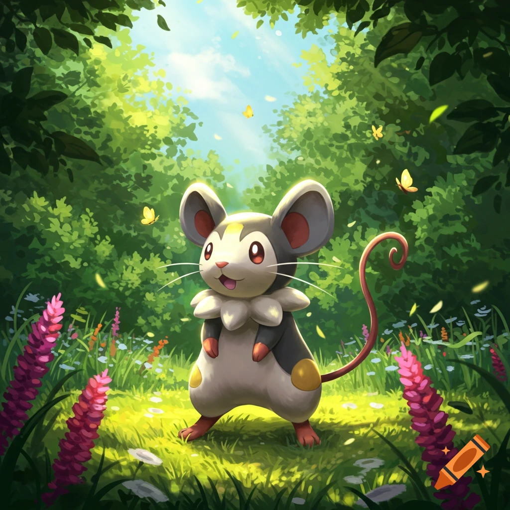 A cute mouse-like Pokémon stands in a sunlit forest clearing with purple flowers and yellow butterflies.