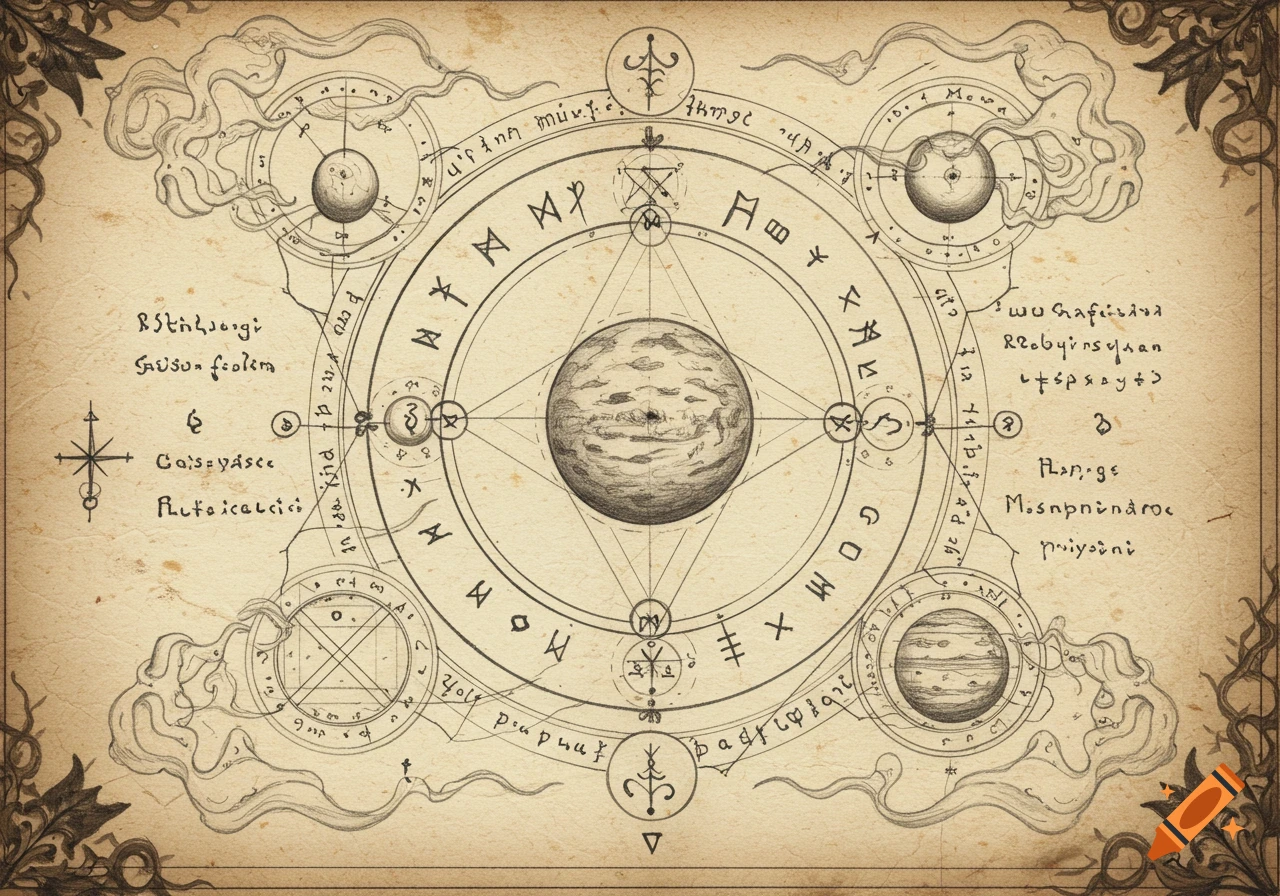 A vintage pencil drawing of an alchemical diagram on aged parchment, featuring planets, runes, and mystical symbols within intricate circular patterns.