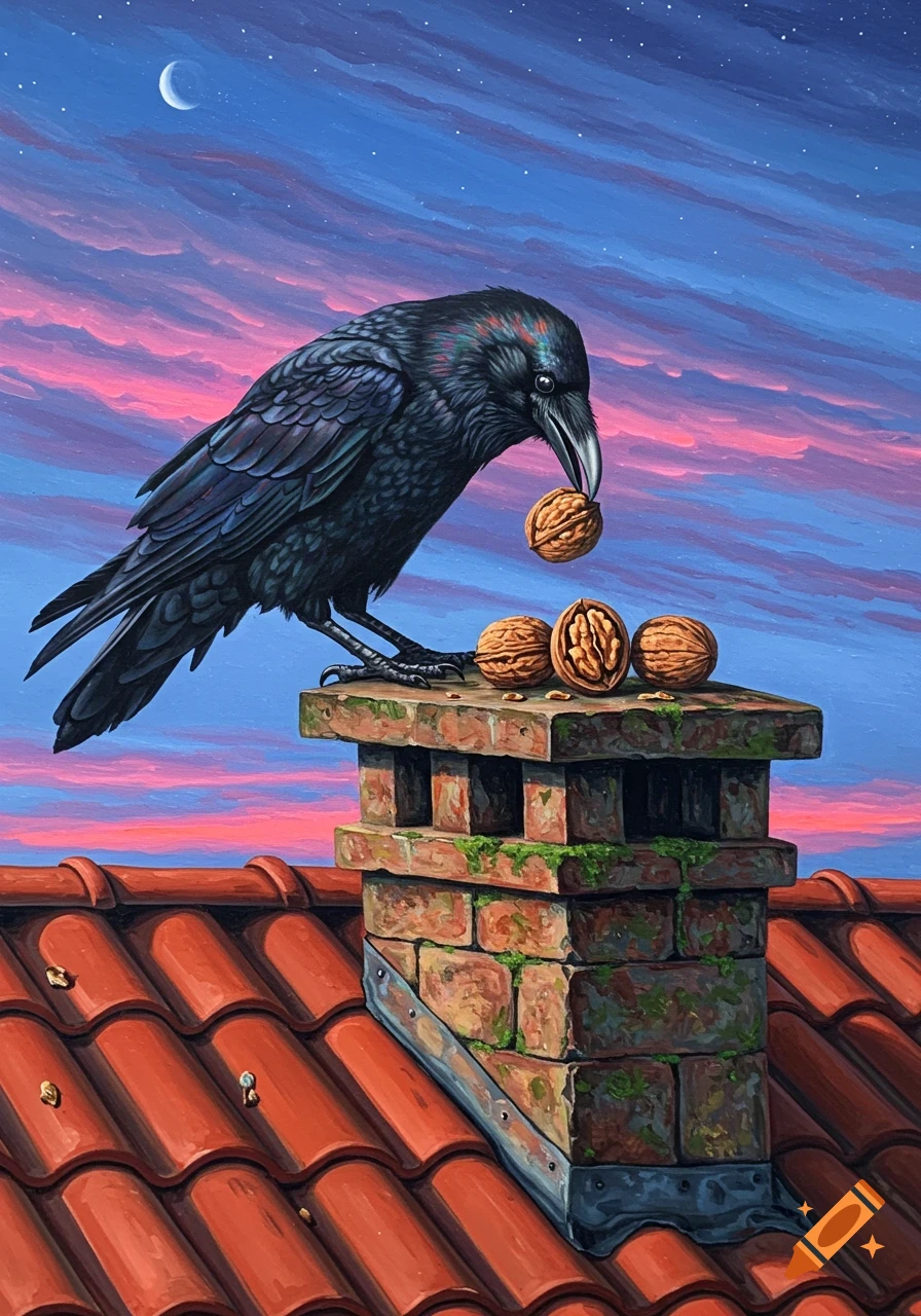 A psychedelic painting of a black crow perched on a mossy brick chimney, holding a walnut. Red tiled roof under a vibrant pink and blue sky with a crescent moon.