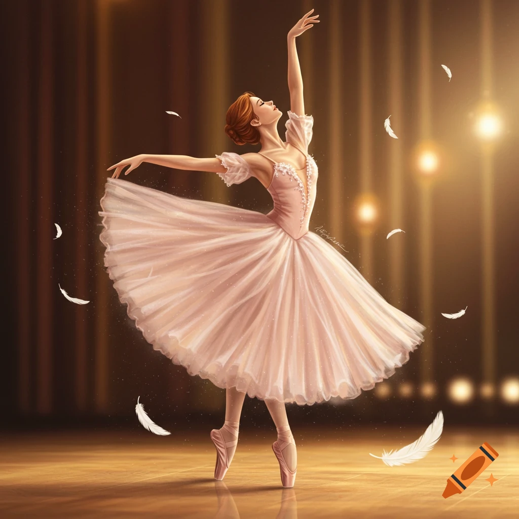 A digitally painted ballerina in a pink tutu dancing gracefully on a stage with spotlights and falling white feathers.