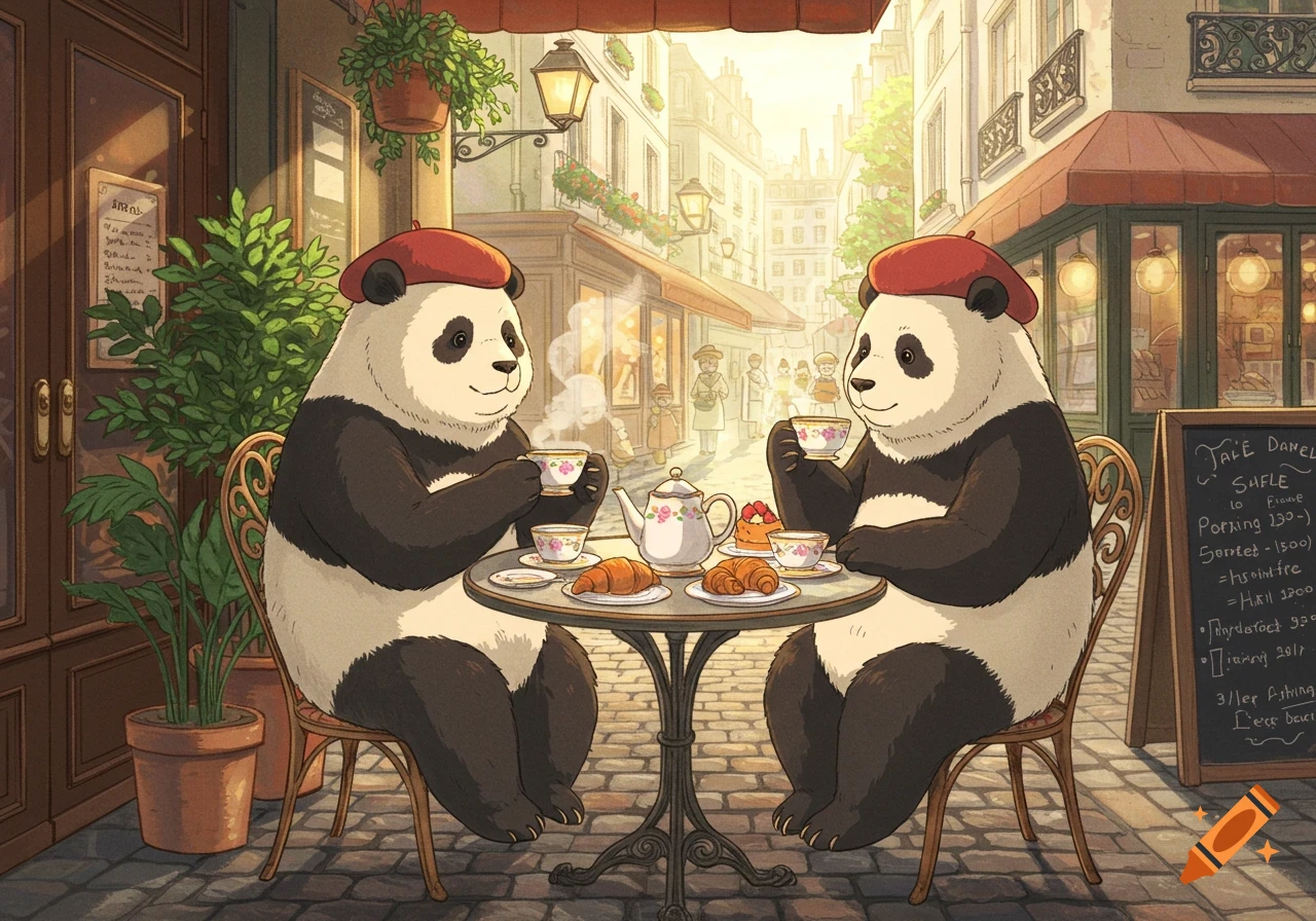 Two anthropomorphic pandas wearing red berets sit at a small cafe table, drinking tea and eating croissants and pastries in a charming Parisian street scene, in a Miyazaki-style cartoon.
