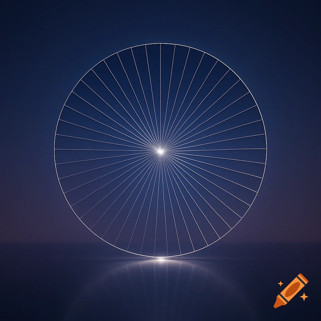 A white outlined circle with many radial lines emanating from a central light, reflecting on a dark blue surface.