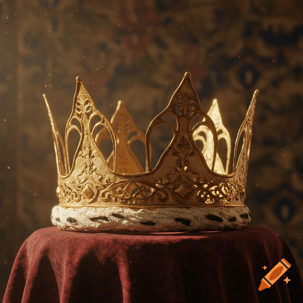 An ornate golden paper mache crown rests on a red velvet cloth, with a dark patterned background and golden dust motes.
