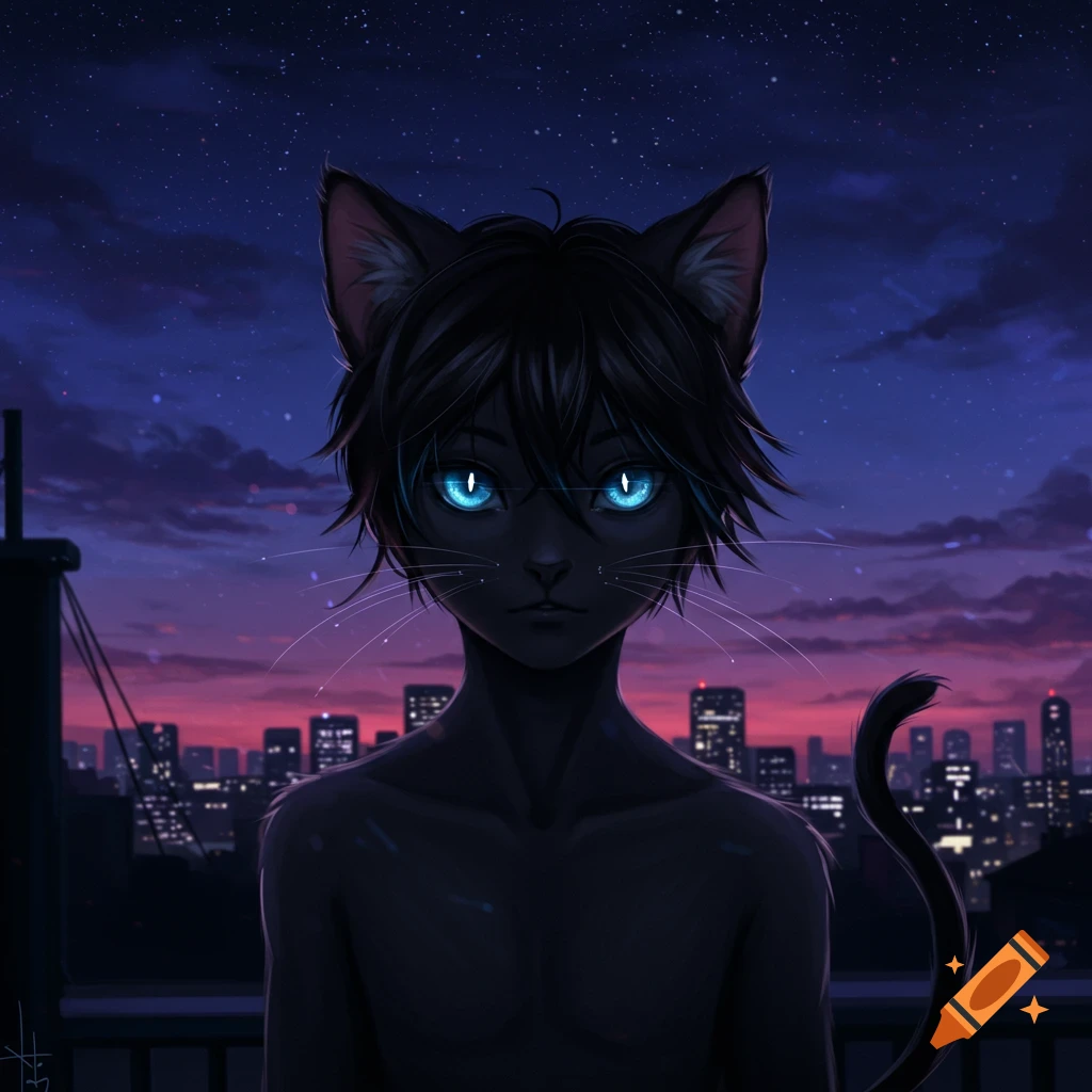 A dark-skinned anime cat-boy with bright blue eyes and spiky black hair stands bare-chested against a purple and orange sunset city skyline.