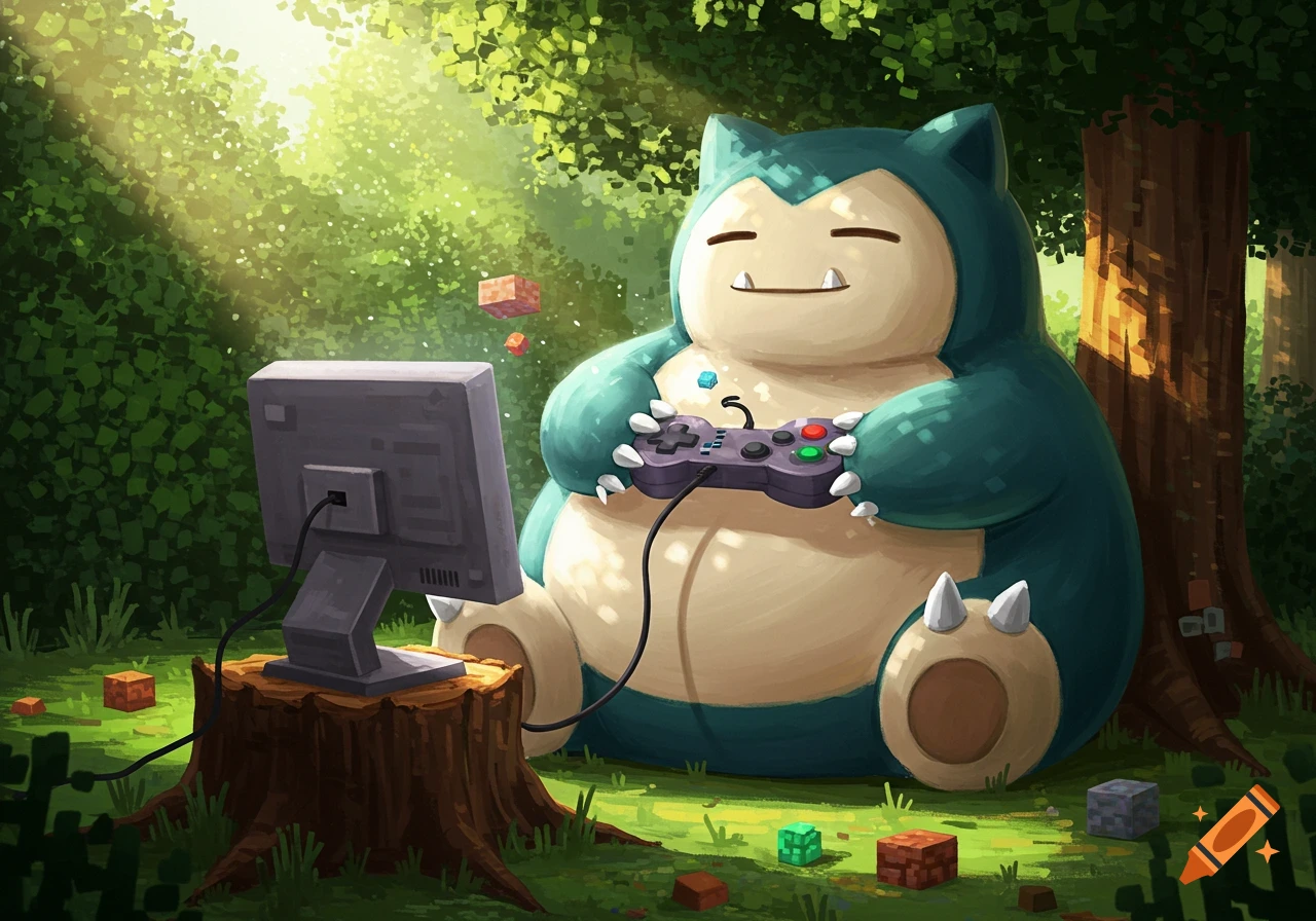 Snorlax playing a video game on a monitor, holding a controller, surrounded by Minecraft-style blocks in a sunlit forest clearing, digital art.