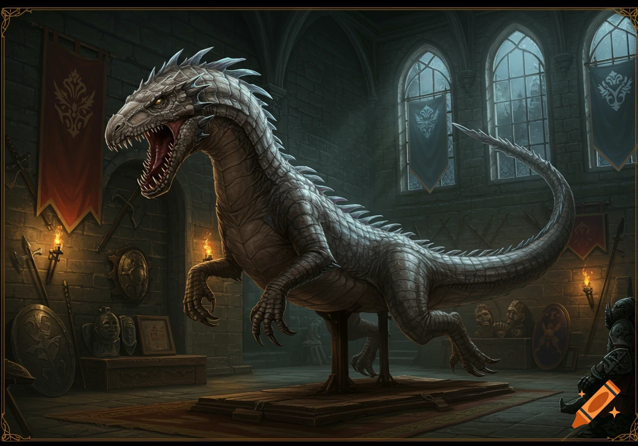 A large grey scaly taxidermied bullette on display in a dimly lit gothic stone hall, surrounded by medieval armaments.