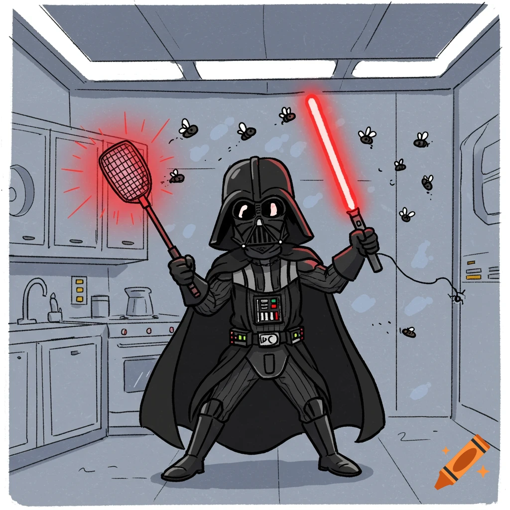 Cartoon Darth Vader in a kitchen, holding a red glowing fly swatter and a lightsaber, swatting buzzing flies.