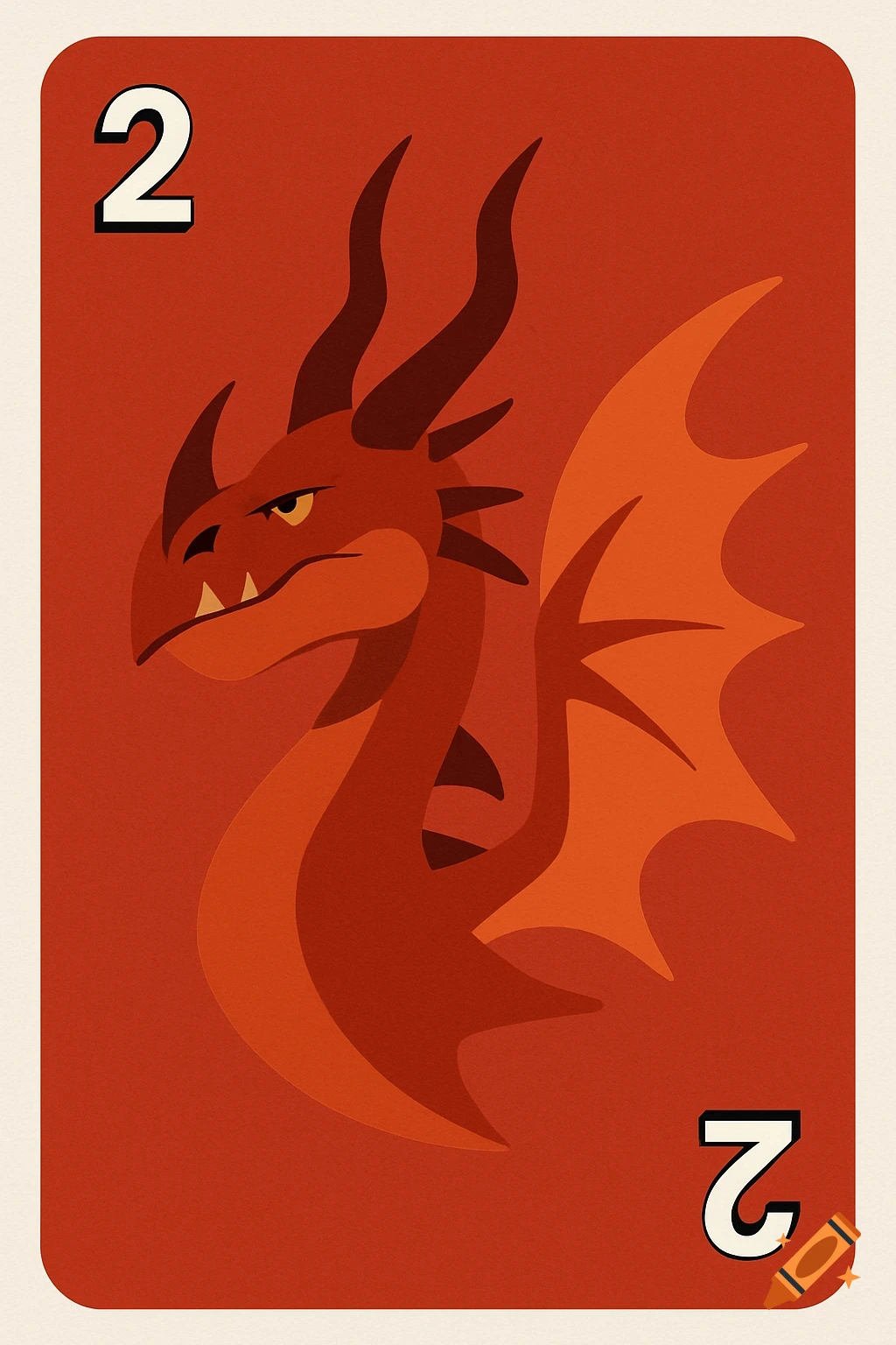 A red UNO card featuring a minimalist illustration of a red dragon's head and wings, with the number 2 in two corners.