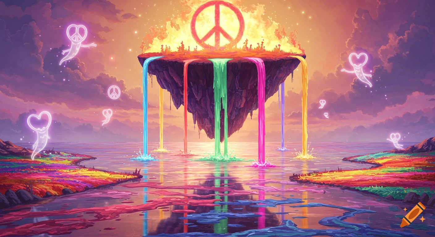 A vibrant fantasy landscape with a floating island, a fiery peace sign, and rainbow waterfalls of paint flowing into a multicolored lake, with glowing heart and peace symbol spirits in the sky.