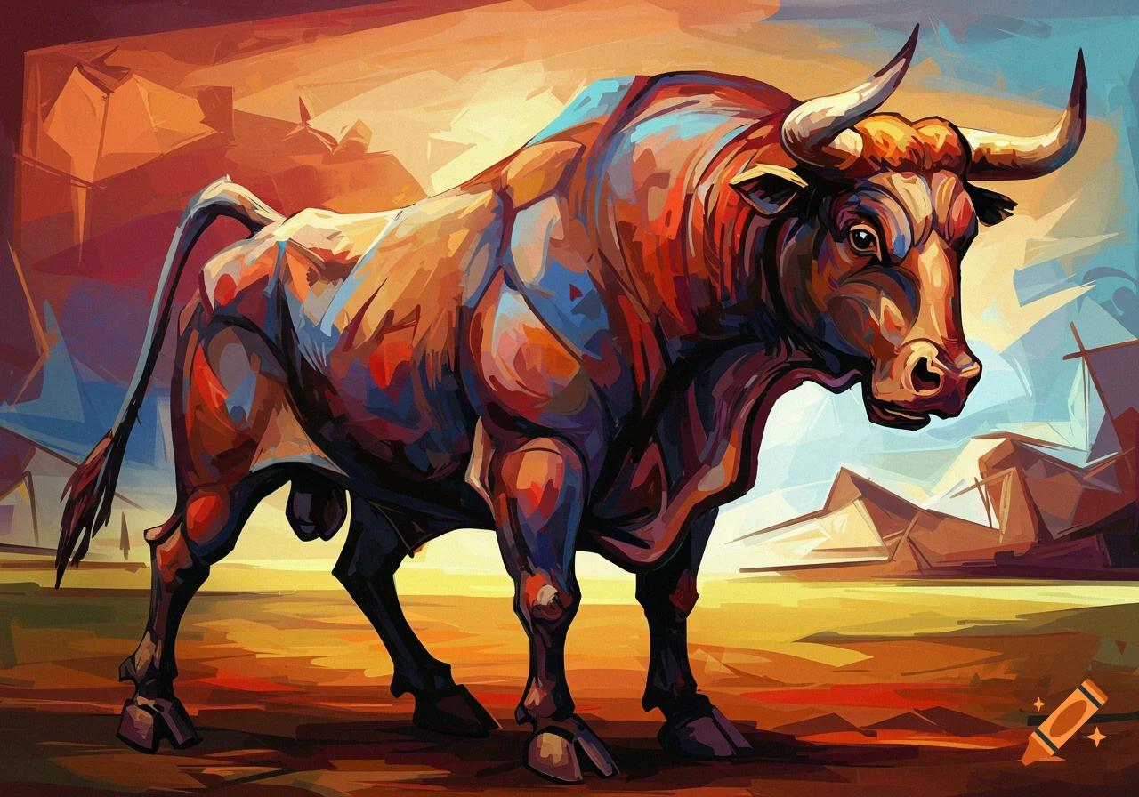 A vibrant, expressive oil painting in the style of Picasso, depicting a powerful bull against an abstract, warm-toned background.
