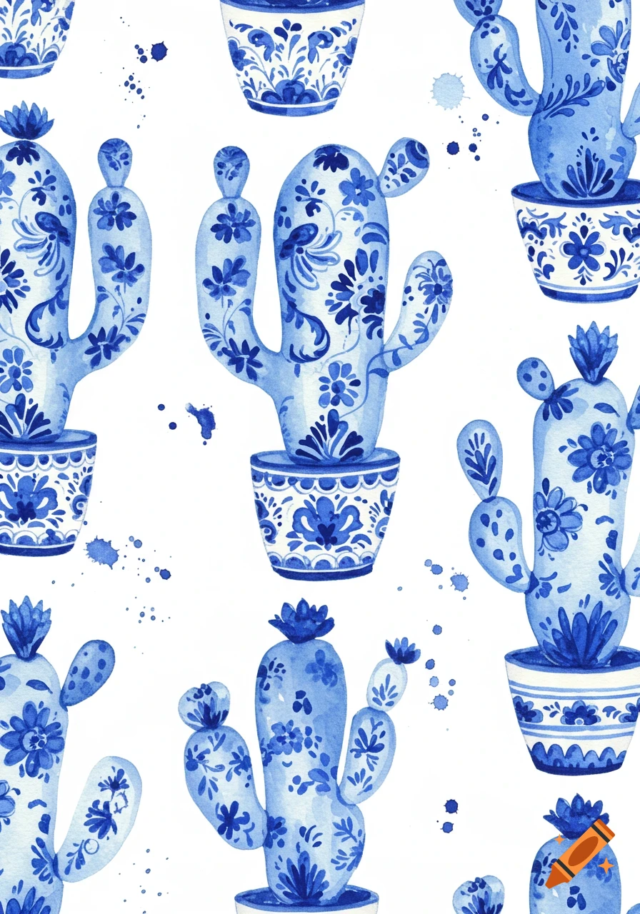 A seamless pattern of watercolor Delft blue cacti in decorated pots, with blue paint splatters on a white background.