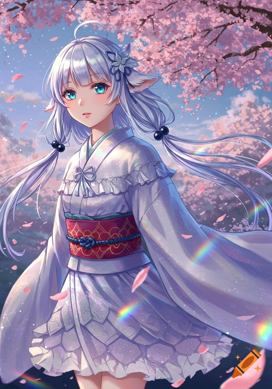 Anime girl with white hair and fox ears in a white kimono stands under pink cherry blossoms.