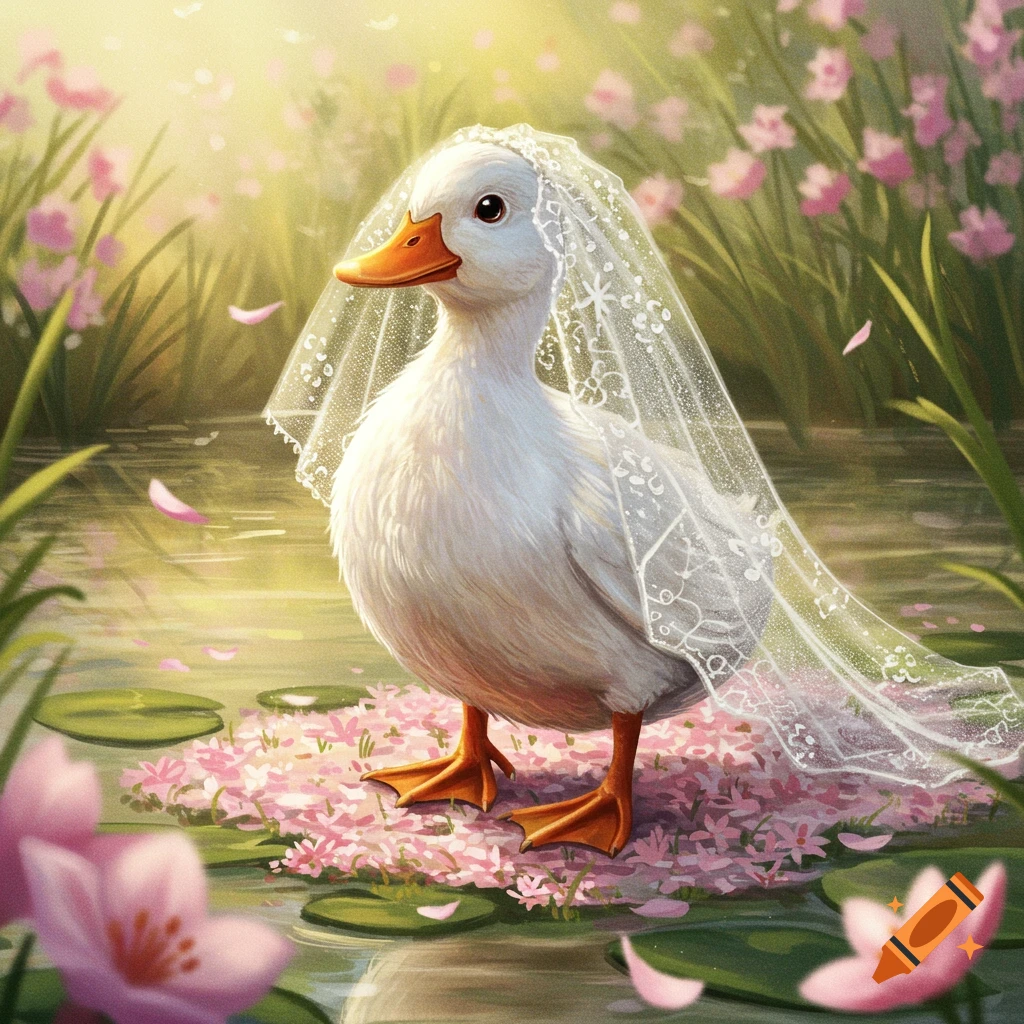 A white duck wearing a delicate white wedding veil stands amidst pink flower petals on water with lily pads.