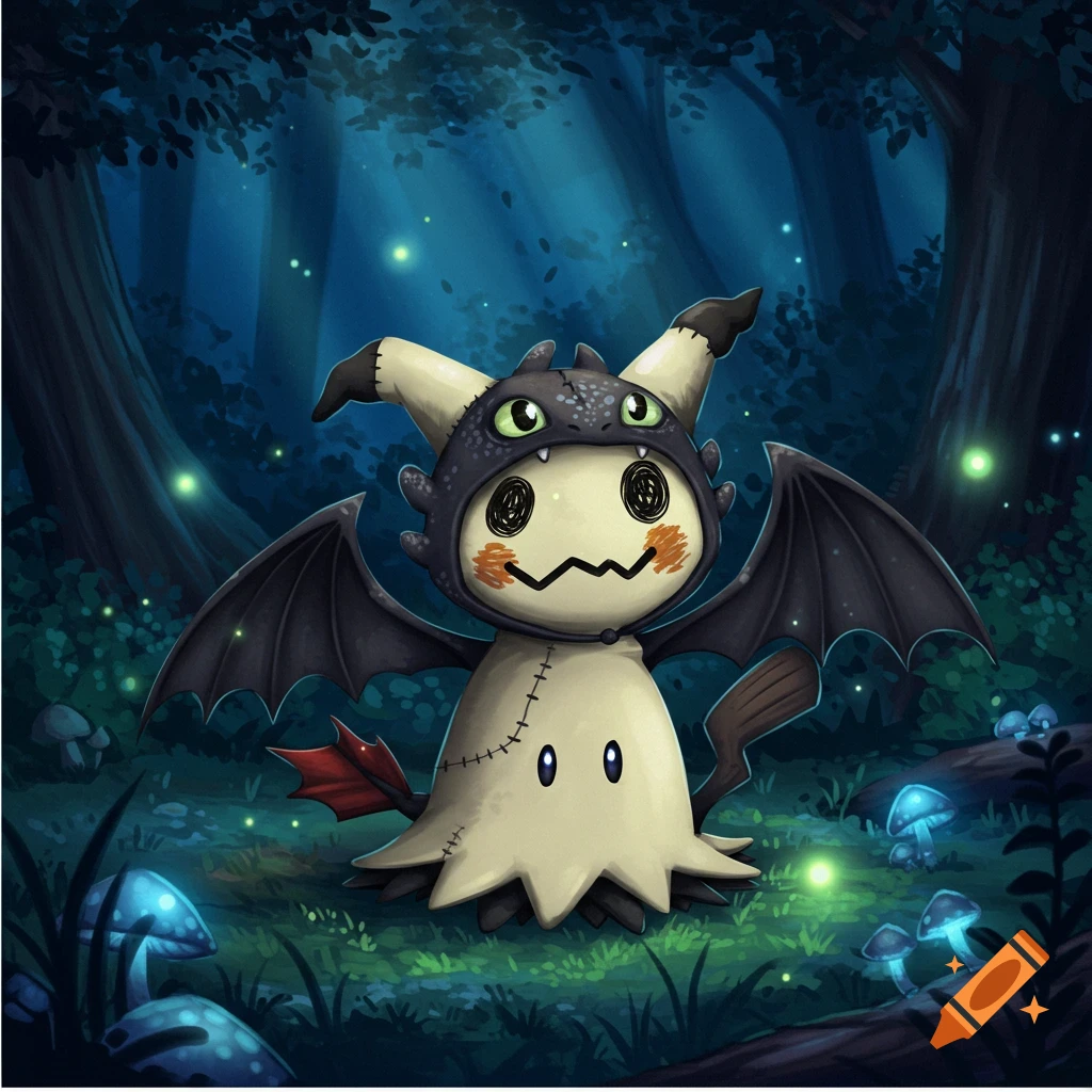 An illustration of a Mimikyu in a Toothless dragon disguise standing in a dark, enchanted forest with glowing mushrooms and fireflies.