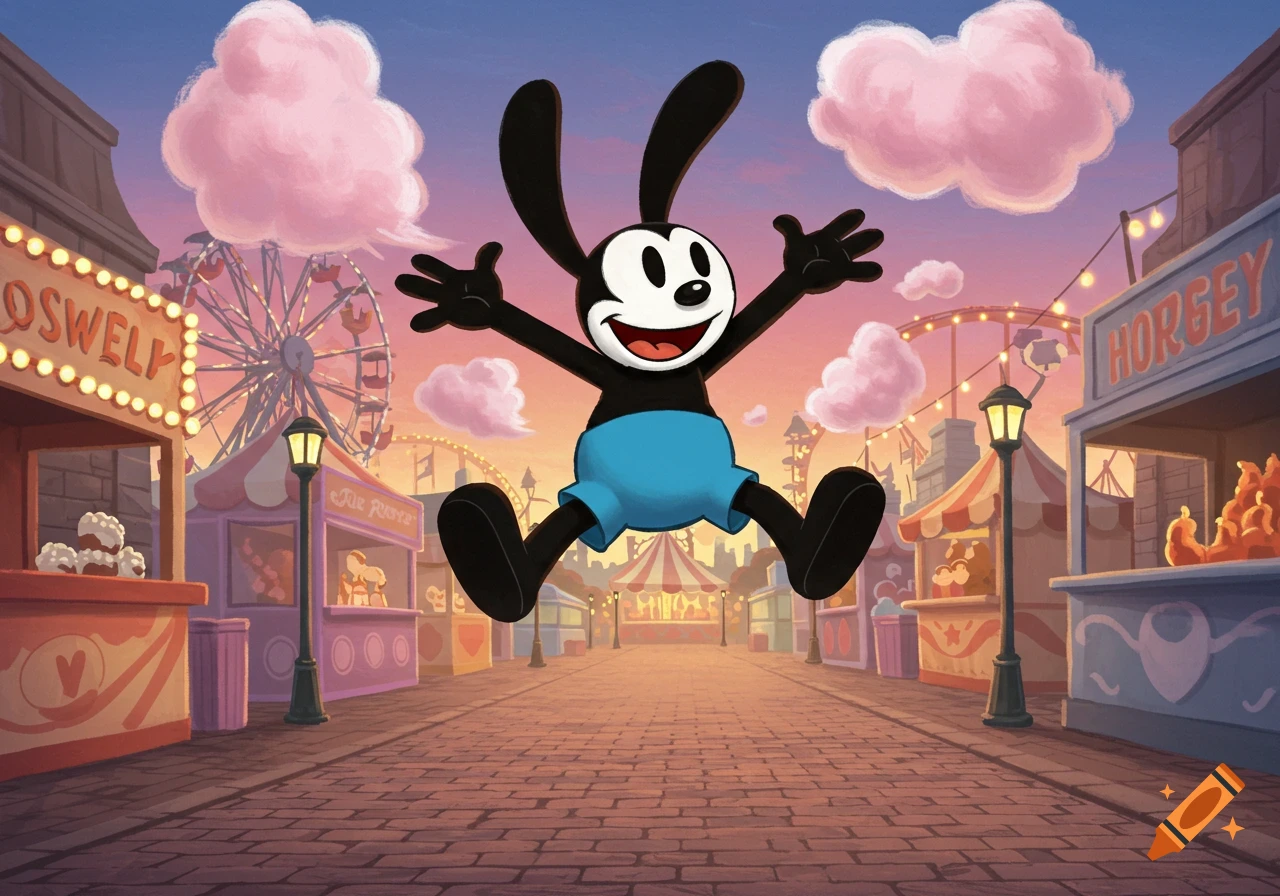 Oswald the Lucky Rabbit jumps joyfully in a vibrant cartoon carnival with Ferris wheels, stalls, and pink clouds at sunset.