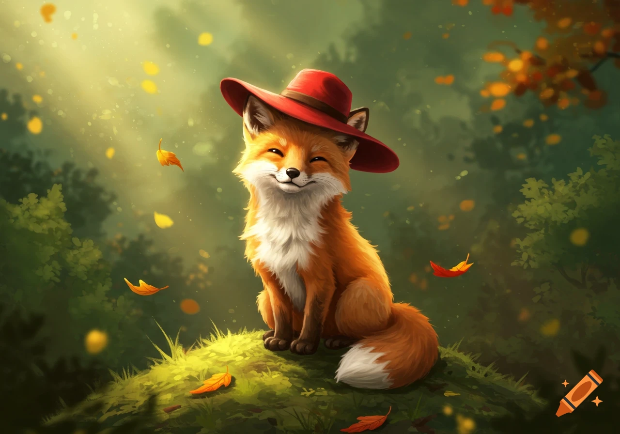 An adorable illustrated fox wearing a red hat, smiling while sitting on a grassy hill with autumn leaves falling.