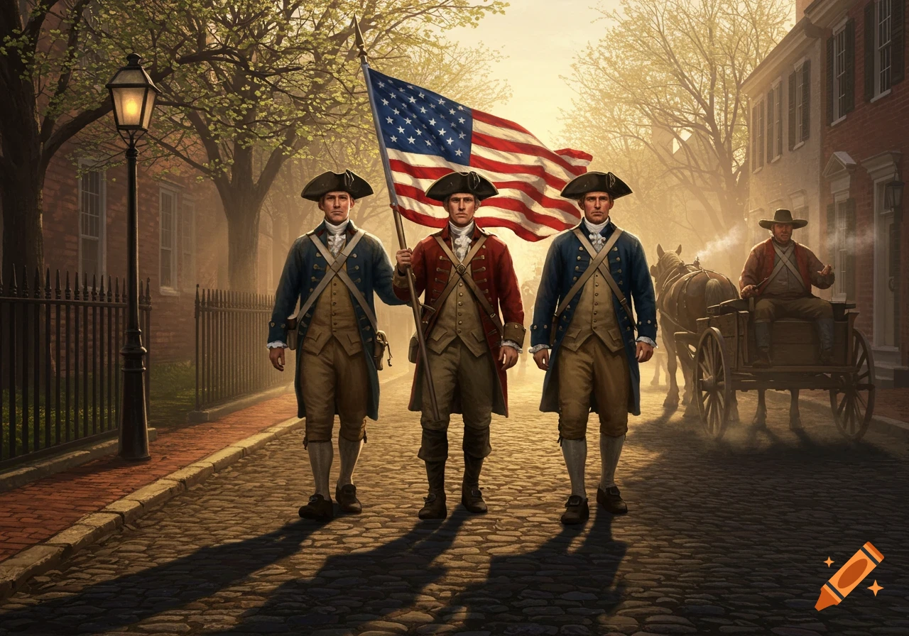 Three American patriots in colonial attire, one holding an American flag, walk down a cobblestone street as a horse cart approaches in a sunlit historical town.